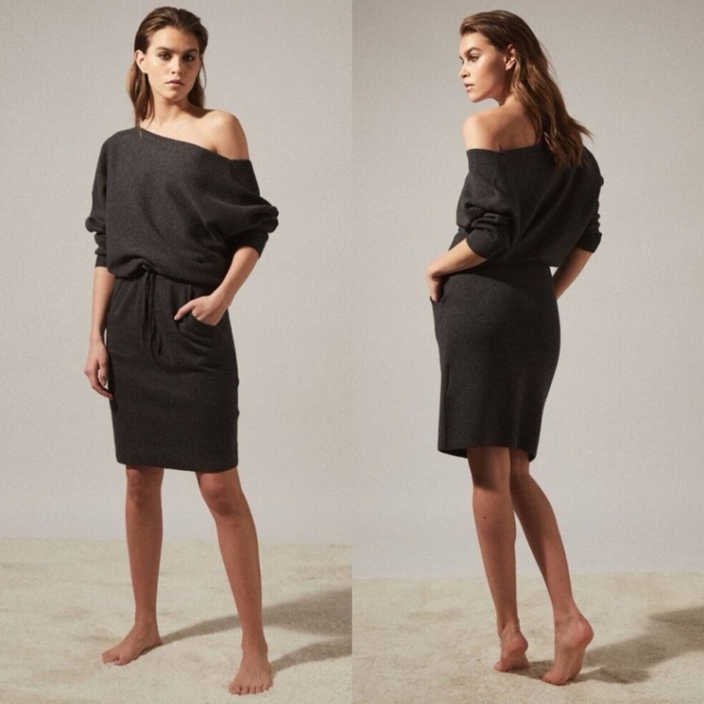 NWT Reiss Amara off-the-shoulder wool sweater dress in charcoal grey sz M